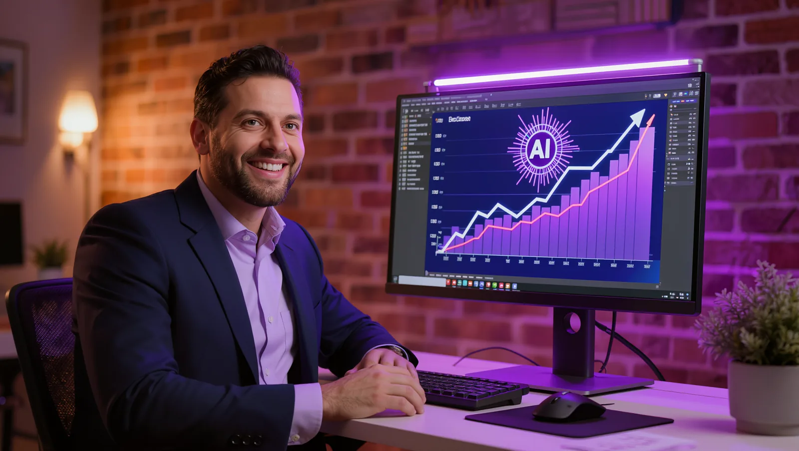 Empresario sonriendo al ver en su monitor cómo la IA mejora la performance de sus campañas