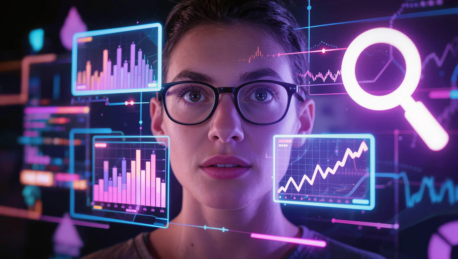 Profesional de marketing rodeada de interfaces holográficas con las tendencias digitales de 2026